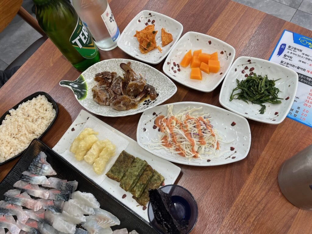 Mackerel sashimi and side dishes served at a seafood restaurant in Pyeongdae, Jeju