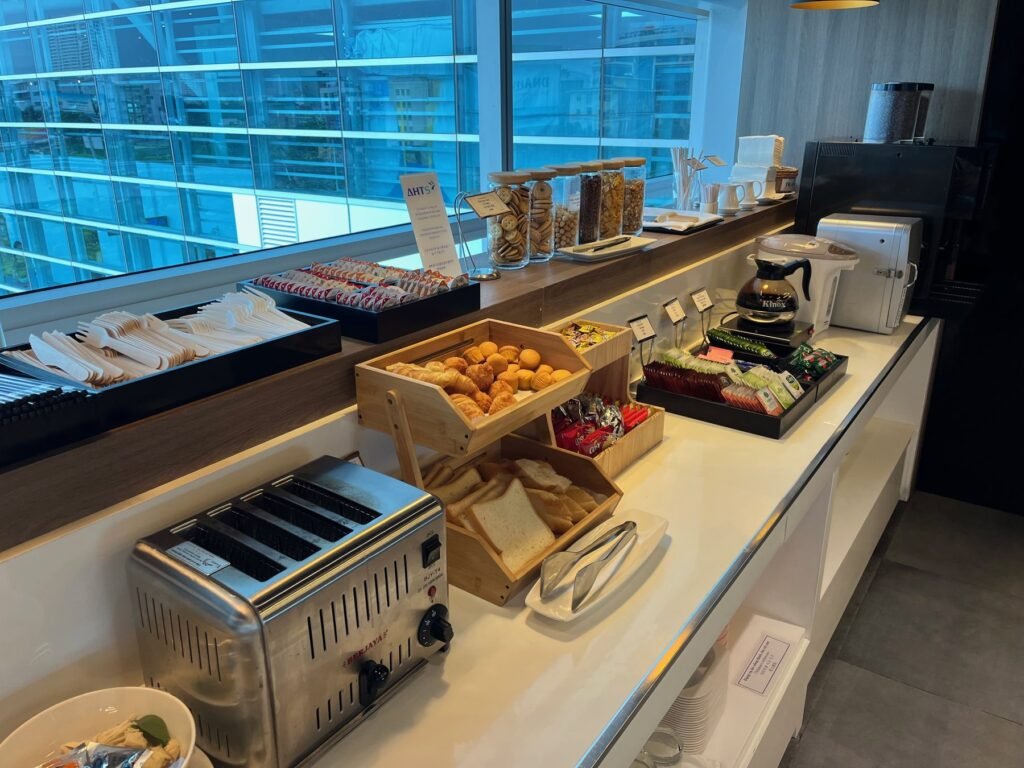 Breakfast buffet inside a lounge at Da Nang International Airport
