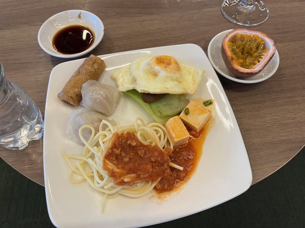 A breakfast plate served at a Da Nang airport lounge