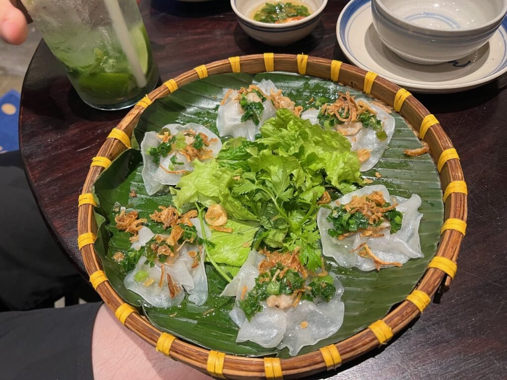 A plate of white rose dumplings served in Hoi An